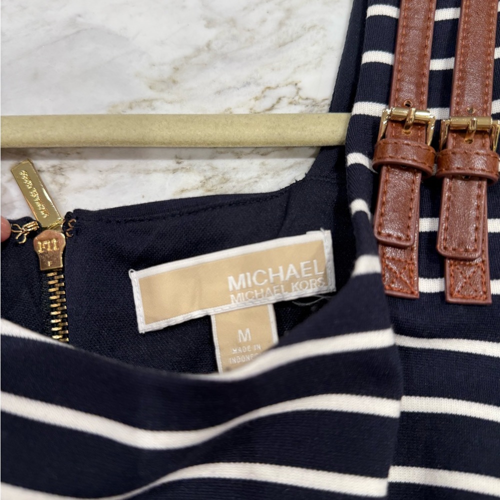 Michael Kors Navy and White Striped Dress with Brown Accents - Picture 3 of 3